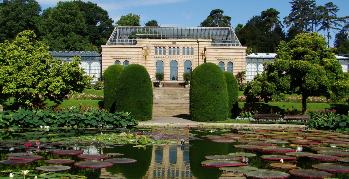 Speziallösung - Fassade des Tropenhauses mit vorgelagertem Seerosenteich in defr Wilhelma